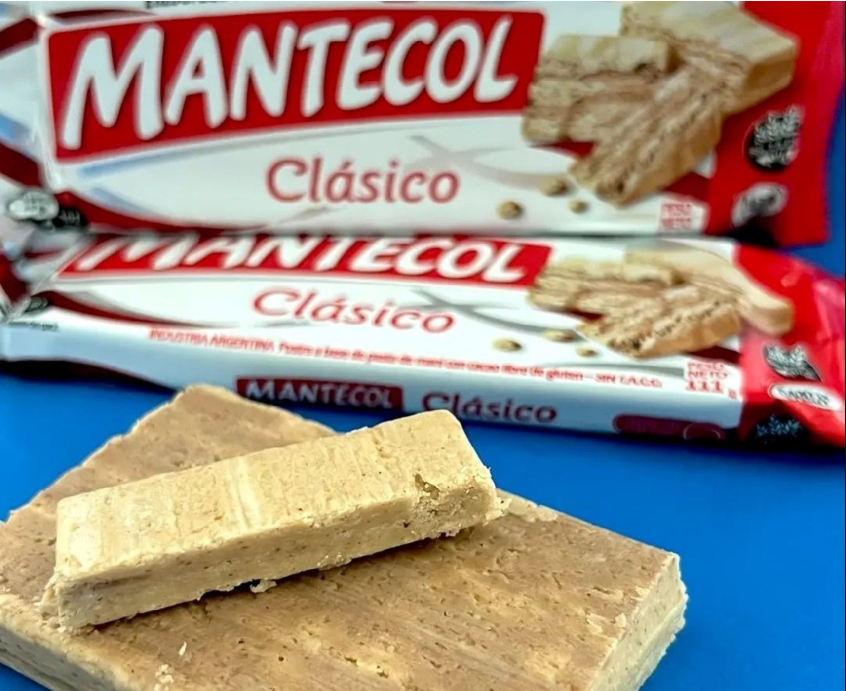 Mantecol Clásico de maní en barra junto a su envoltorio y porciones cortadas