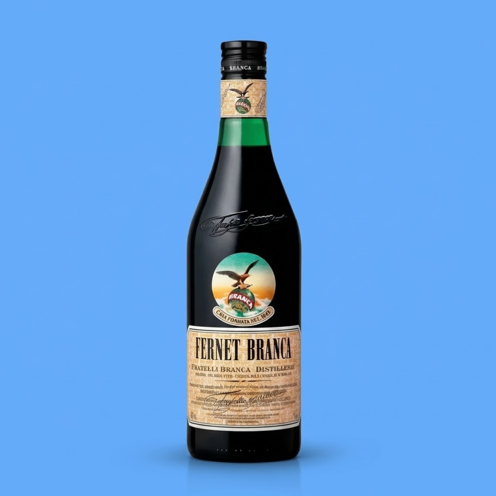 Botella de Fernet Branca sobre fondo azul