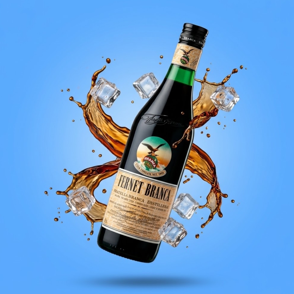 Botella de Fernet Branca con una salpicadura sobre fondo azul