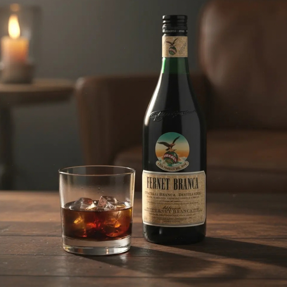 Botella de Fernet Branca junto a un vaso con hielo